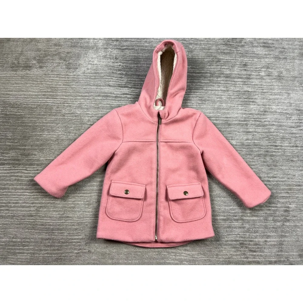 Old Navy Hooded Coat Girls‎ 5T Pink Sherpa Lined Wool Blend Zip Front Jacket